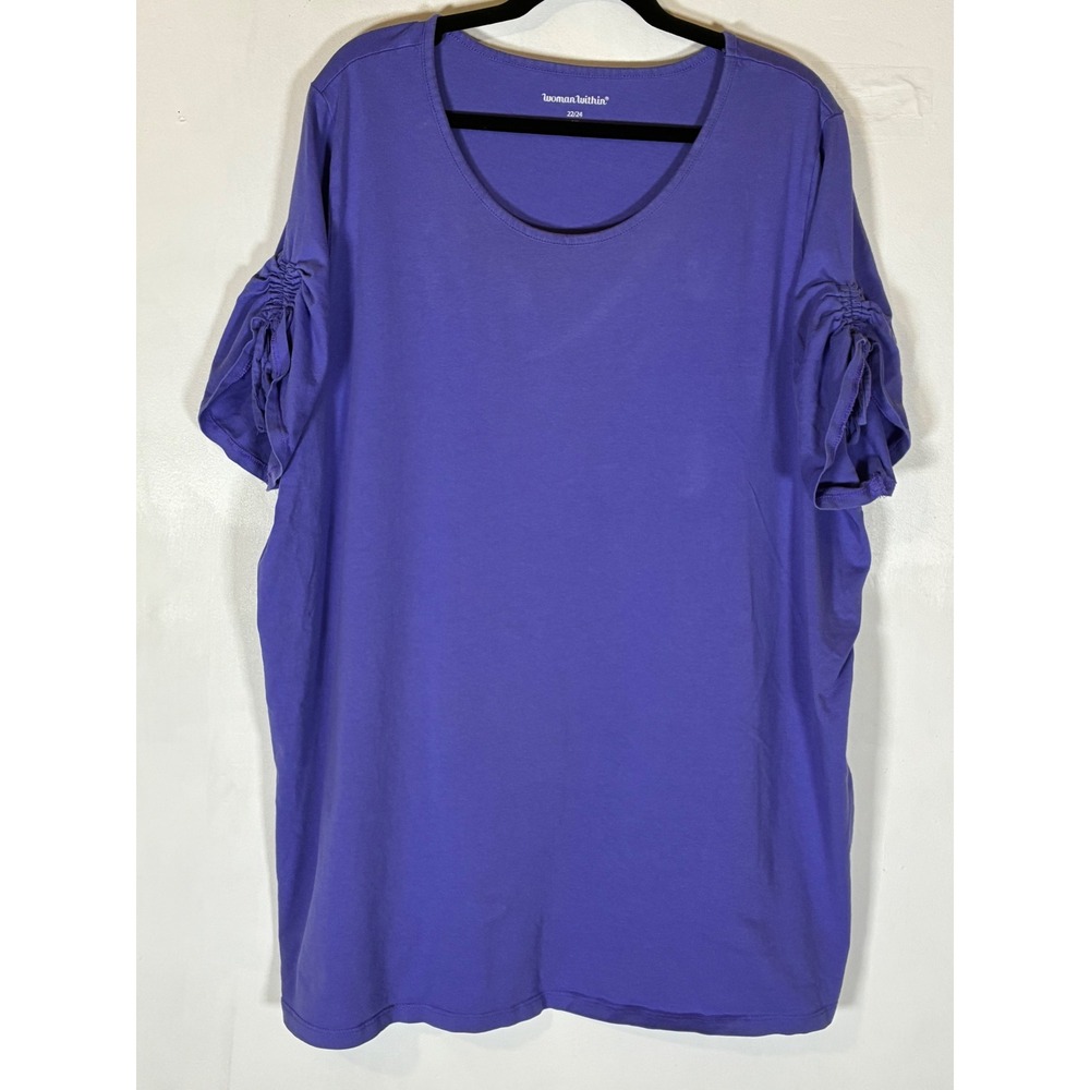 Woman Within 1X 22/24 Purple Ruched Tie Sleeve Cotton Top Plus Size